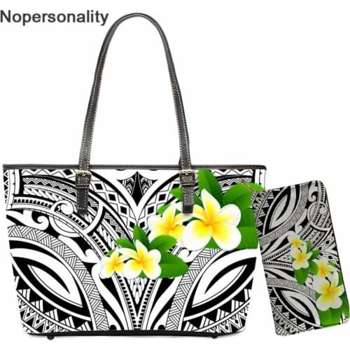 Nopersonality Luxury Design 2pcs Set Women Shloulder Bag and Purse Polynesian with Plumeria Floral Print Elegant Lady Tote Bolsa