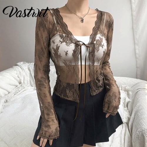 Sexy See Through Casual Slim Top Women E Girl Brown Lace Transparent Bolero Shrug Cardigan T-Shirt Long Sleeve Y2k Top