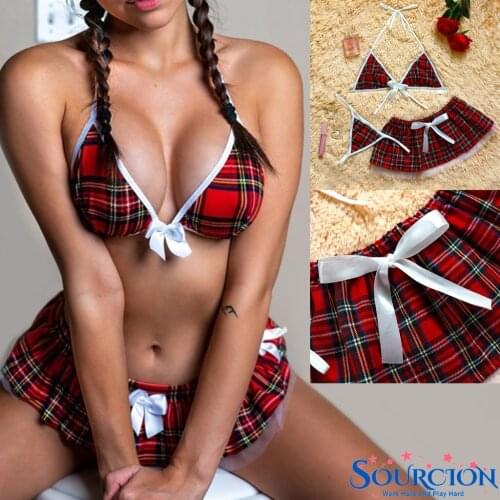 SWT Women Sexy Bow Underwear Pajamas Lingerie Uniform Mini Skirt + Thong Set Fashion Sexy Plaid Style Underwear Sets