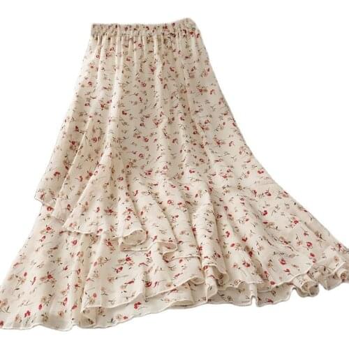 Women Slim Floral Print Midi Skirt Female Summer Chiffon Flower Irregular Ruffle Leaf Long Skirts Womens Casual Skirt Streetwear