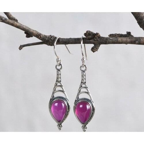 FNJ Waterdrop Earrings 925 Silver 100% Pure Original S925 Silver Sterling Drop Earring for Women Jewelry Rose Corundum