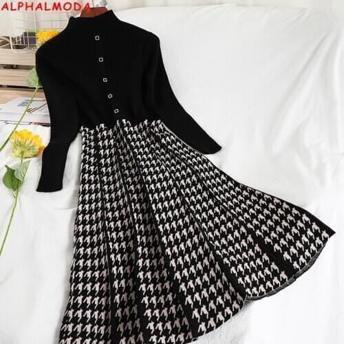 ALPHALMODA 2021 New Stand Collar Slim Houndstooth Knitted Dress Women Elegant Single Breasted Long-sleeved A-line Sweater Dress
