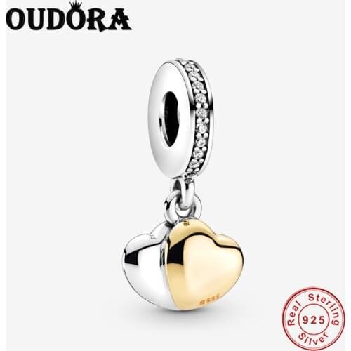 925 Sterling Silver Two-Tone Double Heart Dangle Charm Beads Original Charms Bracelet Bead Women Fashion Jewelry Berloque