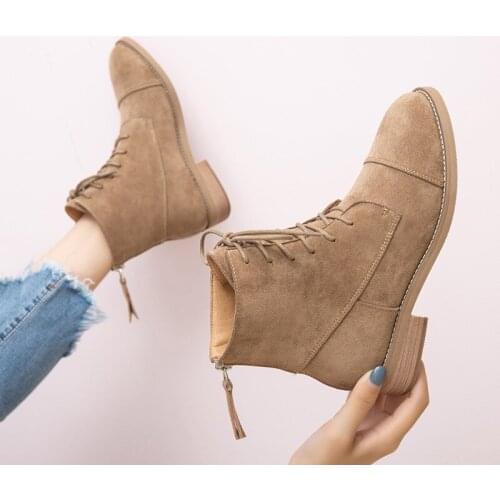Boots Shoes Women Retro Martin Boots Fashion Brand Autumn New Ladies Ankle Boots Cross-tied Female botas mujer Flock Black Shoe