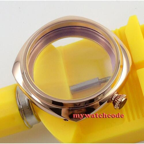 Polished 45mm rose golden stainless steel watch case for UNITAS 6497 6498 movement 28