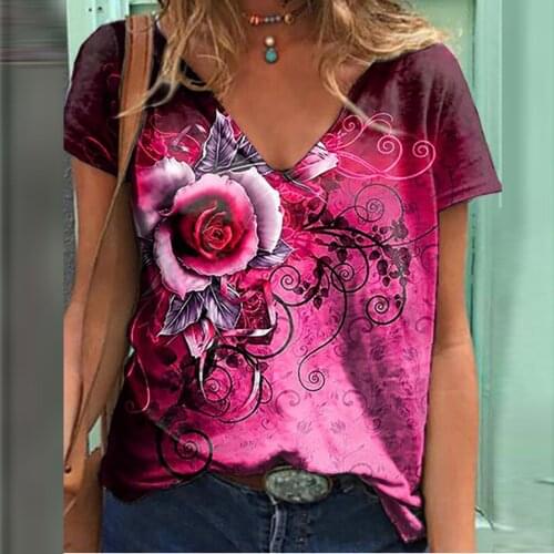 Summer Womens Casual V-neck T-shirt Multicolor Rose Print Short-sleeved Loose Tops Female Street Hipster Pullover T-shirt 2021