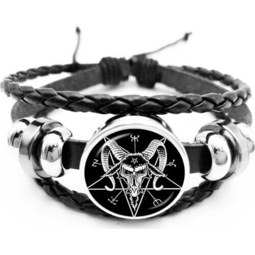 Gothic Pentagram Bracelet Evil Devil Mysterious Pentagram Round Glass Mens Bracelet Leather Snap Button Jewelry Ornament