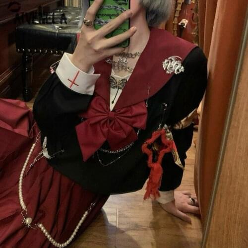 Harajuku Gothic Girls Dark Black JK Suit Pleated Skirt Tops Punk Two-piece Set Hot Girls Female AFC1253