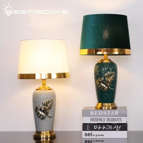 SeeingDays Hand Painted Golden Edge Leaves Ceramic Table Lamp Luxury Table Lamp For Bedroom Bedside Lamp Room
