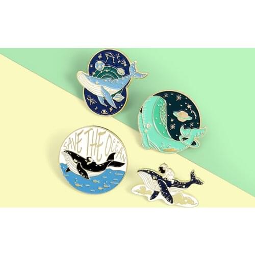 Whales flying in the universe Creative Enamel Pin Astronauts riding whales Lapel Pins Custom badge for cute animals Brooches