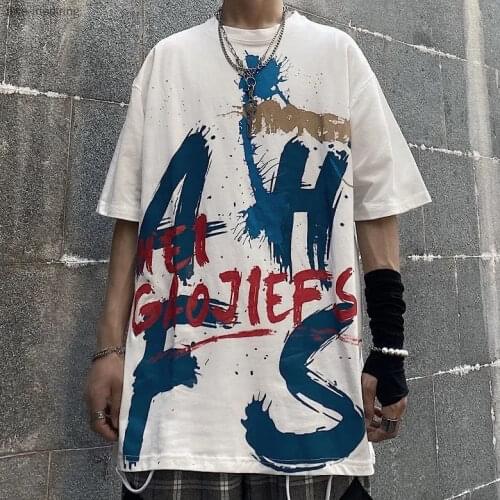 Summer Clothes T-shirt Male Students Loose Ins Harajuku Style Graffiti Letters Short-sleeved Mid-length Tops for Men and Women