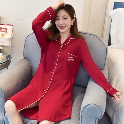 Night Dress Women Autumn Winter Long-sleeve Pure Cotton Long Festive Red Shirt Pajamas Spring Plus size Womens Home Service 3XL