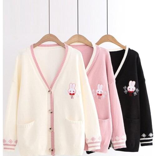 Autumn Winter Loose Pure Color Embroidery Knitting Rabbit Loose Cardigan Women V-neck Chandail Coat Cute Tops Sweater U252