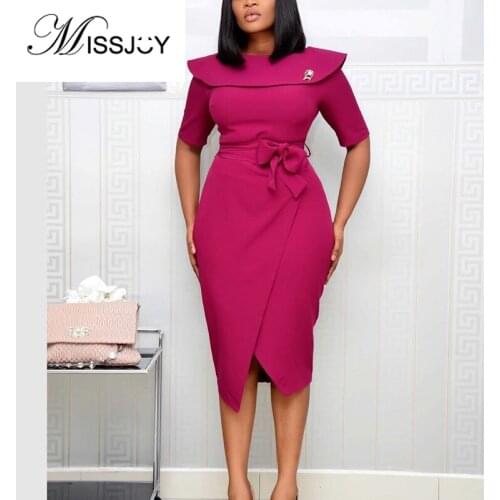MISSJOY Pencil Short Sleeves Ladies Dresses Women O-Neck Pin Up Bodycon Office Solid Color 2020 Summer Sashes High Waist Party
