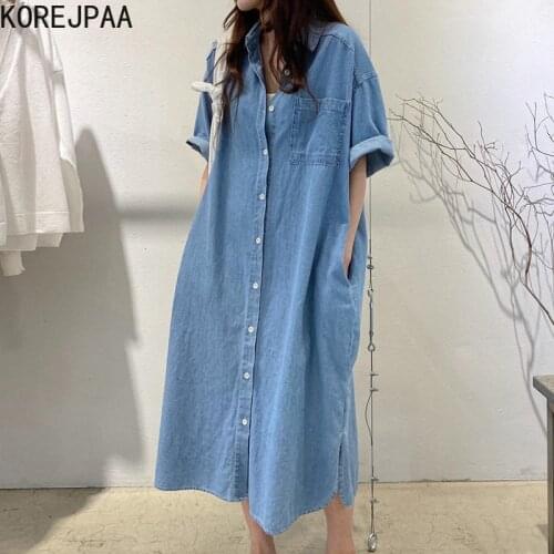 Korejpaa Women Dress 2021 Summer Korean Retro Lapel Single-Breasted Casual Loose Multi-Pocket Design Over Knee Denim Vestidos