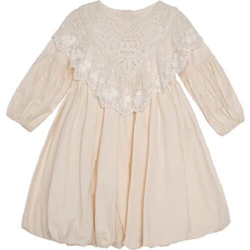 Dress Full Sleeve Knee Length Pullover A-line Solid Regular Cotton New Fashion Simple Sweet Spring Autumn Children Girls