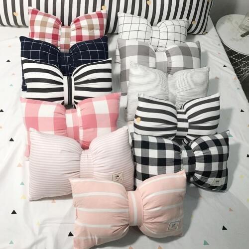 Ins Bow Candy Pillow Lotus Plaid Girl Baby Room Decoration Window Sofa Cute Waist Cushion Cotton Fabric Washable