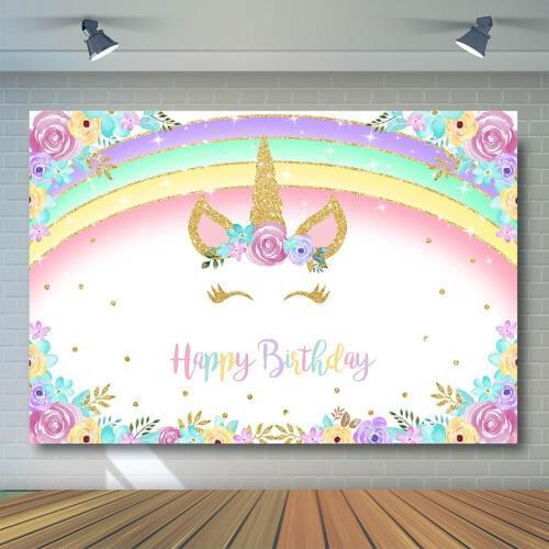 Rainbow Unicorn Birthday Backdrop Gold Glitter Unicorn Floral Party Decoration Background Party Banner Supplies Photocall Props