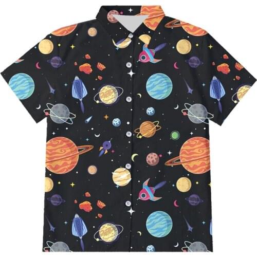 OGKB Mens 3D Space Planet Print Button Shirt Summer Short Sleeve Shirt Sublimation Print Polyester Party Holiday Shirt Oversize