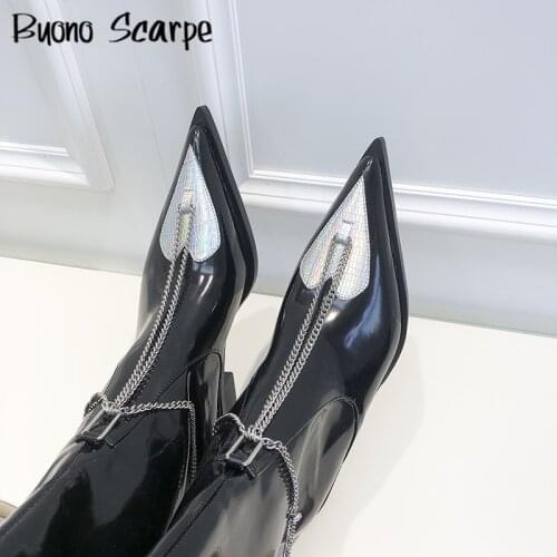 Silver Heart Shaped Metal Chain Hollow Boots Thick Heel Pointed Toe Sleeve Boots Leather Fashion Portable Knight High Boots 2021