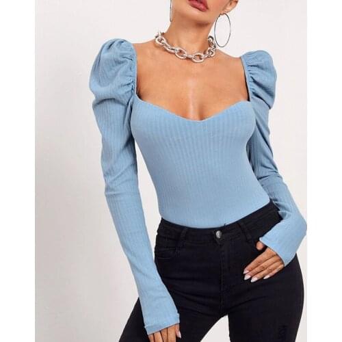 2021 Autumn Winter Women Fashion New Puff Sleeve Sweaters Elegant Square Collar Knitted Pullover Casual Slim Knitwears