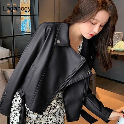 Lagabogy Spring Autumn Soft PU Leather Coat Women Short Biker Overcoat Female Motorcycle Faux Leather Jacket Slim Streetwear