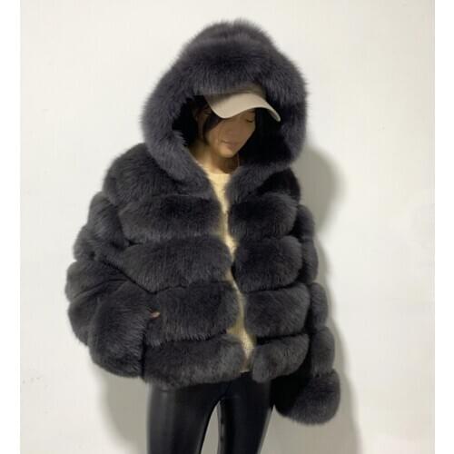 Rf20101 Womans Fox Fur Coat with Hood Natural Fur Hoodie for Women Striped Cropped Fur Jacket