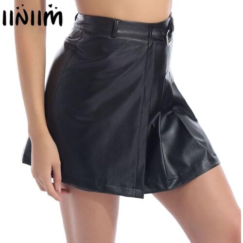 Iiniim Women Fashion Moto Punk Clubwear High Waist PU Leather Pleated Skirt Autumn Winter Ladies Zipper Back A-line Skirts