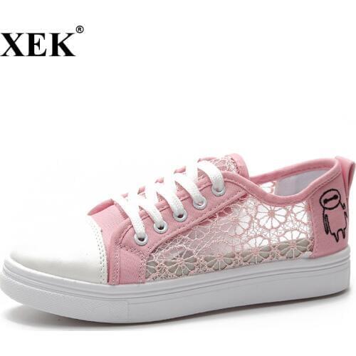 XEK Women Canvas Shoes Fashion Summer Casual Ladies Shoes Cutouts Lace Canvas Hollow Breathable Flats Shoes Woman sneakers JH212