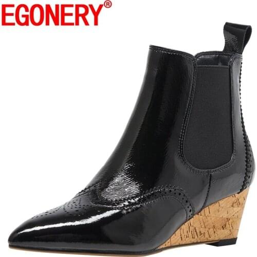 EGONERY Women winter New Style ankle boots Patent Leather Good Qualtiy Leisure Shoes Concise Comfortable Pointed Toe Mature