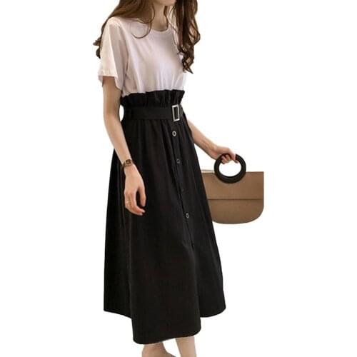Vetement femme Women Suit Loose Short Sleeve O Neck T-shirt Top Flared Button up Midi Skirt Outfit Set Summer Женский костюм
