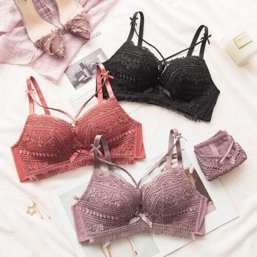 Wasteheart Women Fashion Purple Red Sexy Lingerie Bras Embroidery Lace Bow Cotton Panties Wireless Bra Sets Underwear A B Luxury