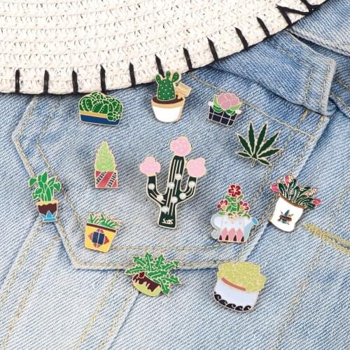 12 style fashion green plant brooch Enamel pins flower cactus tree leaves kettle lapel jewelry shirt coat sweater decorative pin