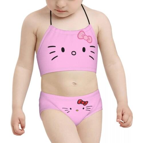 2021 Japanese Anime Kids Girl Swimwear Children Print Hello Cat 2 Biquini Wholesale Brand Baby Girl Swimming Suit