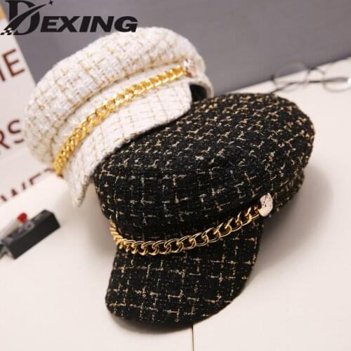 2019 Autumn Winter tweed Chain Military Hat For Women Wool Flat Army Cap Salior Hat Girl Visor Travel Berets plaid newsboy cap