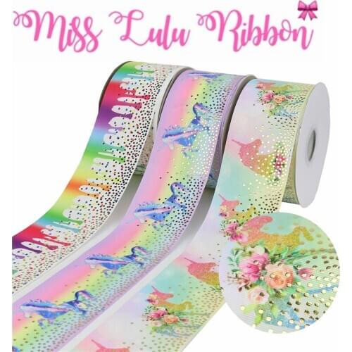 3"75mm Gold Foil Dot Cartoon Series Printed Grosgrain Ribbon DIY Hair Bowknots 50yards/roll Flower Gradient Color Colorful Spot