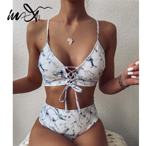 In-X High waist bikinis 2021 mujer Retro swimsuit women lace up swimwear women bathers Push up biquini bathing suit 2 pieces XL