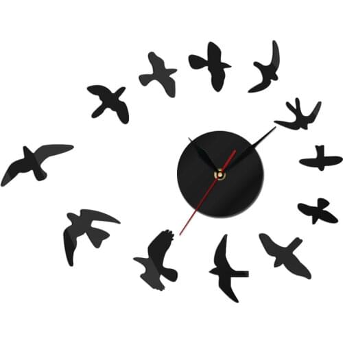 1Piece DIY 3D Fly Birds Mirror Large Numer Wall Clock DIY Giant Sticker Animal Frameless Wall Clock Huge Modern Watch Decor