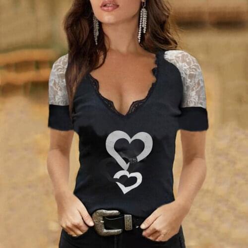Sexy Lace V-neck Blouse Womens Summer Sexy Deep V Neck Print Slim Lace Short Sleeve Tee Shirt Top Summer Casual Blouse Top