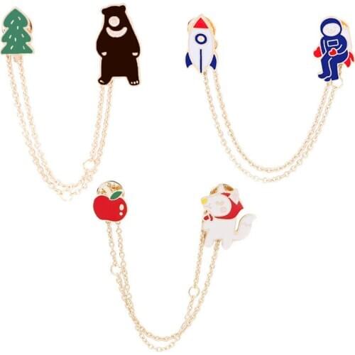 Cartoon Bear Tree Pilot Rocket Wolf Apple Enamel Pins with Chain Fashion Brooch Women Men Pocket Lapel Collar Pin Jewelry Gifts