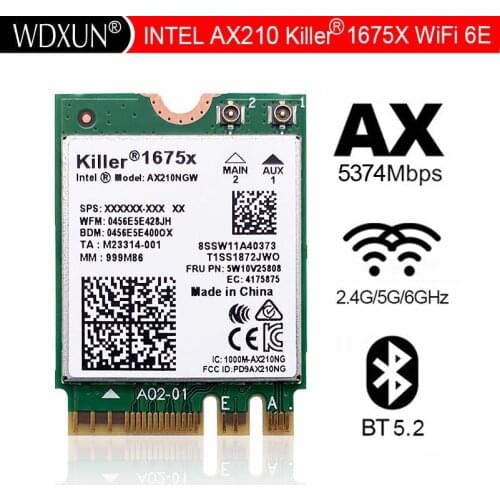For Intel AX210 Killer AX1675x Wi-Fi 6E 802.11AX Dual Band 2.4GHz 5GHz 6GHz 5374mbps Bluetooth 5.2 M.2 NGFF wifi card
