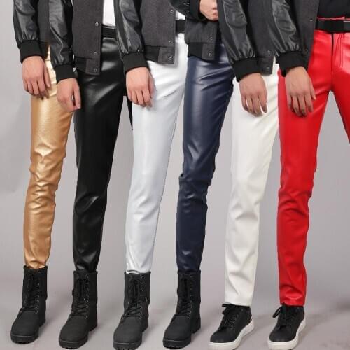 Idopy Quality PU Winter Gold Stretchy Pants Multi Colors Party Costume Stage Performance Punk Motorcycle Trousers For Male