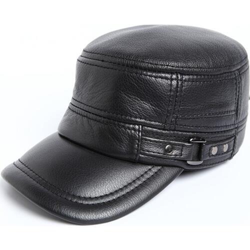 HARPPIHOP Genuine Leather Flat Peak military Cap Hip Hop Hats mens caps winter warm01