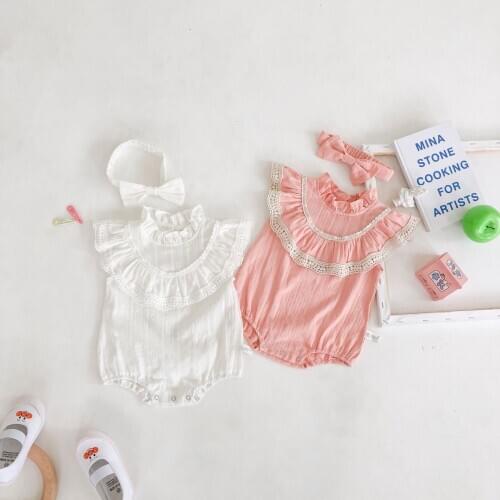 Newborn Baby Girl Romper Ruffles Summer Baby Girl Clothes Cotton Lace Baby Jumpsuit With Headband Princess Toddler Infant Onesie