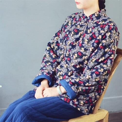 SCUWLINEN 2020 Autumn Winter Women Parka Vintage Floral Print Plate Button Cotton-padded Jackets Manteau Femme Hiver S473