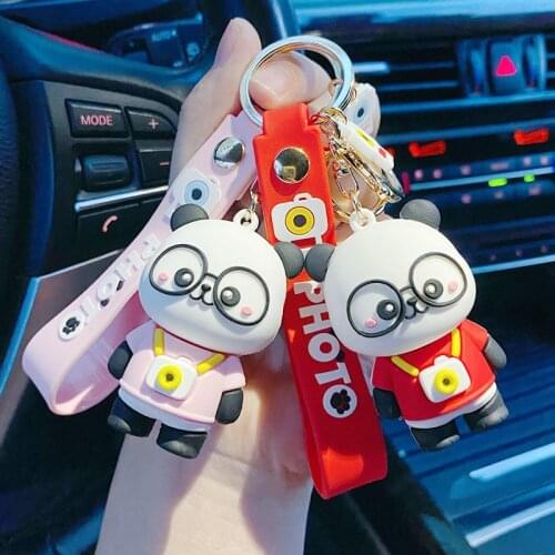 Cute cartoon camera panda Keychain Cute 3D Doll Pendant Key Rings Acrylic Silica gel Jewelry Women Bag Toys Porte Clef