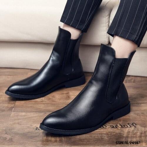 New British Fashion Mens Casual Classic Retro Style Leather Sleeve Ankle Pointed Toe Low-heeled Chelsea Boots Zapatillas Hombre
