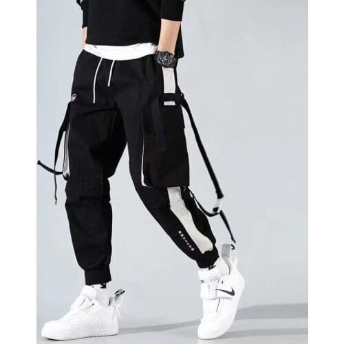 2021 New Fashion Men Joggers Cargo Pant Streetwear Casual Sweatpants Patchwork Pants Hip Hop Ribbon Pocket Male Black