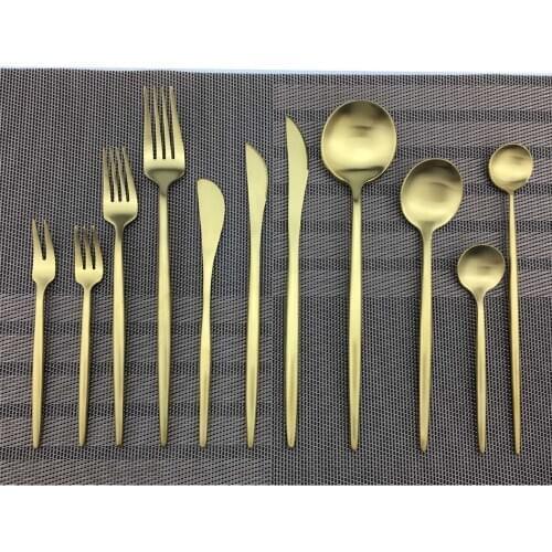 Matte European 304 Stainless Steel Matte Pure Gold Set Dinnerware Set Food Dinner Knife Scoop Fork Sets Western Cutlery Sets
