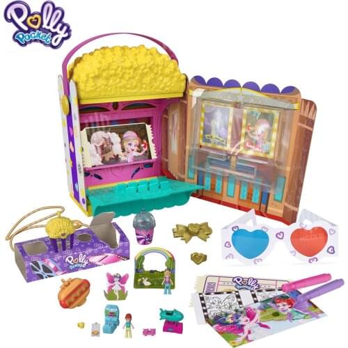 Original Polly Pocket Unbox Playset Movie Theater Theme Micro 2 Dolls, 15+ Surprises Purse Playset Toys for Girls Great Gift Fun
